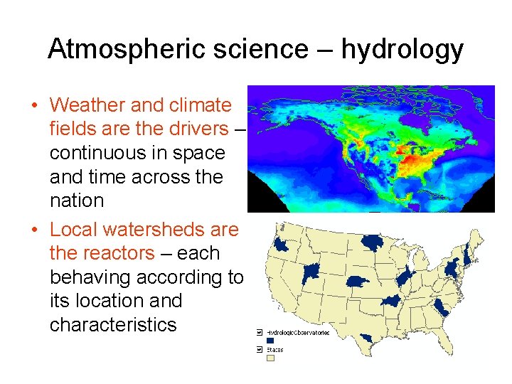 Atmospheric science – hydrology • Weather and climate fields are the drivers – continuous