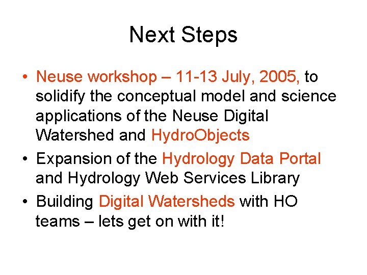 Next Steps • Neuse workshop – 11 -13 July, 2005, to solidify the conceptual