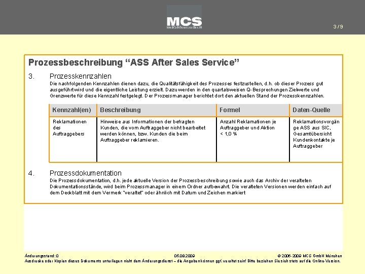 3/9 Prozessbeschreibung “ASS After Sales Service” 3. Prozesskennzahlen Die nachfolgenden Kennzahlen dienen dazu, die