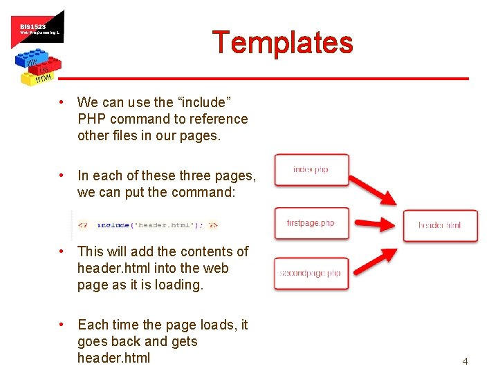 Templates • We can use the “include” PHP command to reference other files in