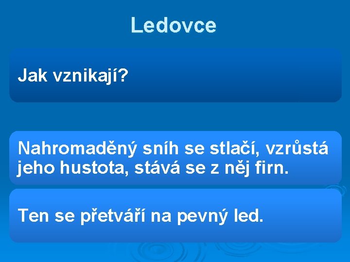 Ledovce Jak vznikají? Nahromaděný sníh se stlačí, vzrůstá jeho hustota, stává se z něj