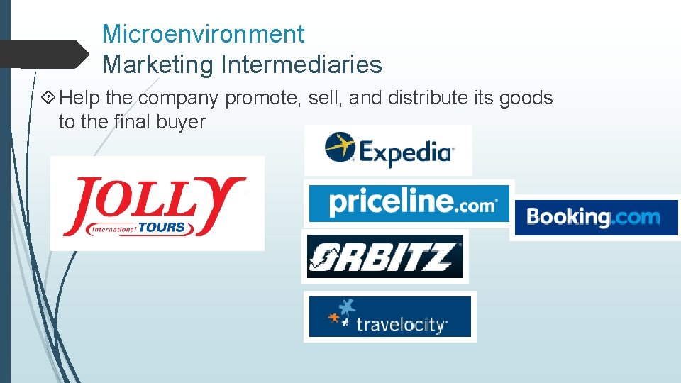 Microenvironment Marketing Intermediaries Help the company promote, sell, and distribute its goods to the