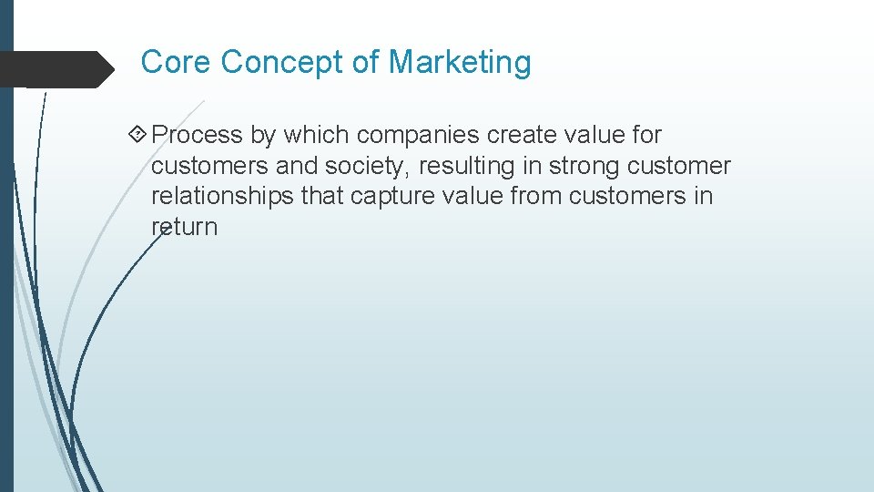 Core Concept of Marketing Process by which companies create value for customers and society,