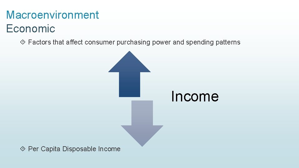 Macroenvironment Economic Factors that affect consumer purchasing power and spending patterns Income Per Capita