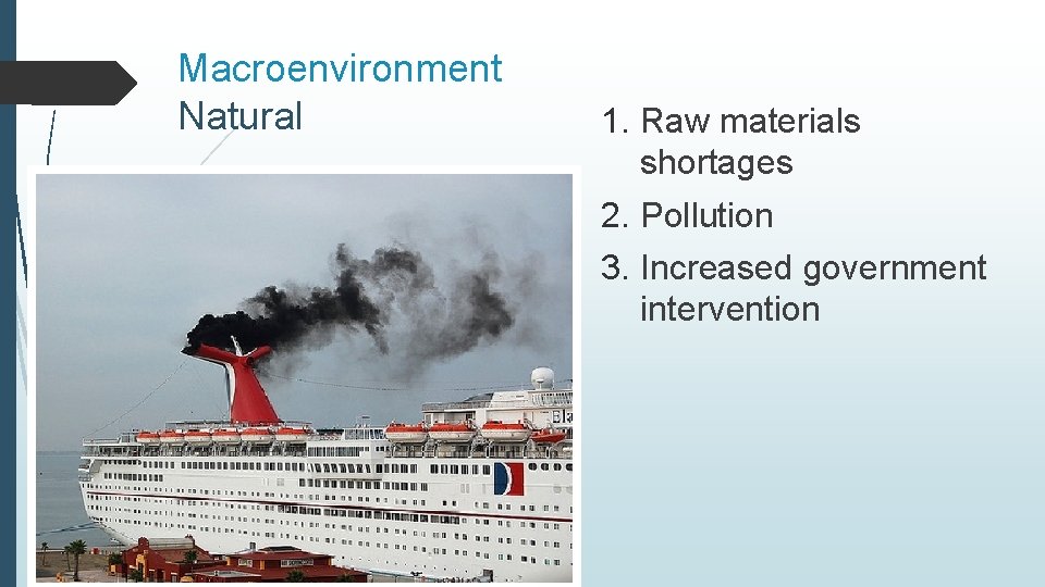 Macroenvironment Natural 1. Raw materials shortages 2. Pollution 3. Increased government intervention 