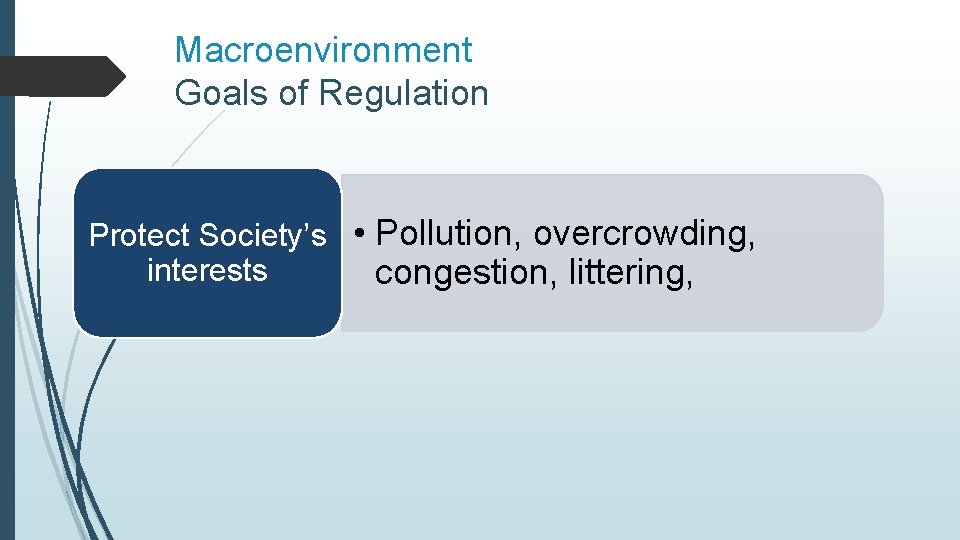 Macroenvironment Goals of Regulation Protect Society’s • Pollution, overcrowding, interests congestion, littering, 