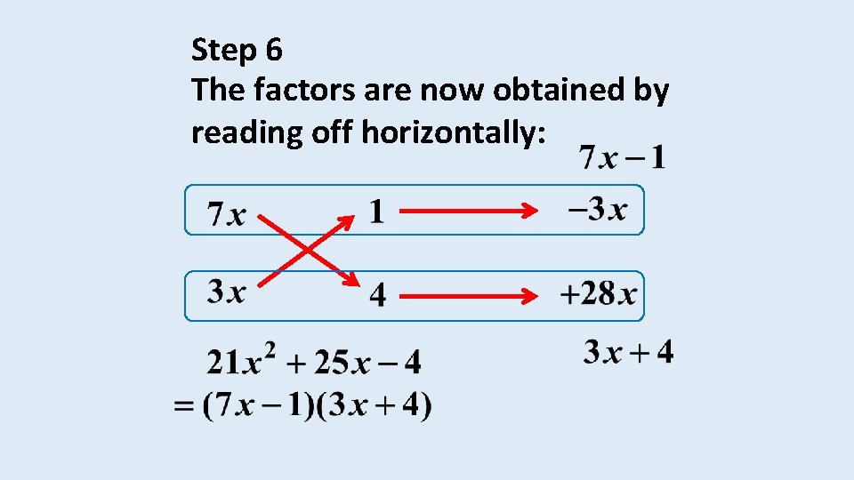 Step 6 The factors are now obtained by reading off horizontally: 