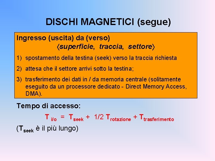 DISCHI MAGNETICI (segue) Ingresso (uscita) da (verso) superficie, traccia, settore 1) spostamento della testina