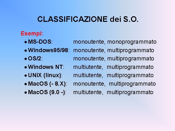 CLASSIFICAZIONE dei S. O. Esempi: · MS-DOS: · Windows 95/98: · OS/2: · Windows