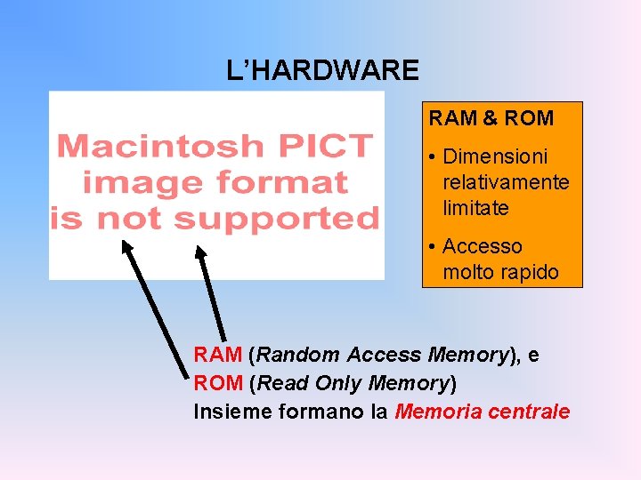 L’HARDWARE RAM & ROM • Dimensioni relativamente limitate • Accesso molto rapido RAM (Random