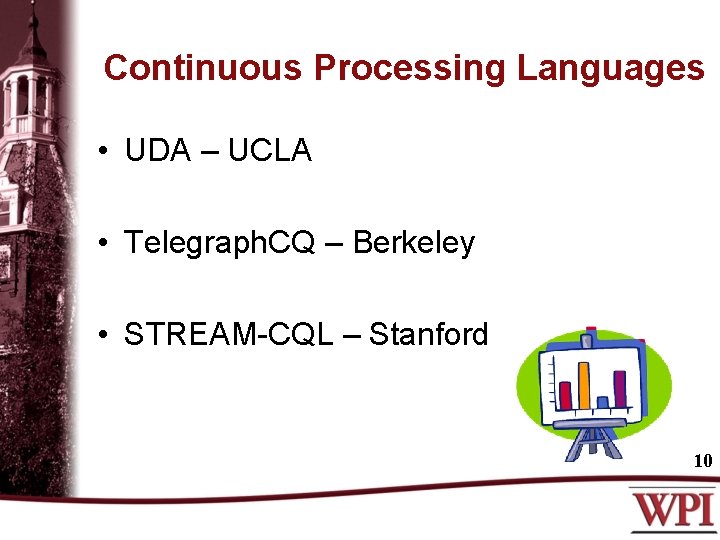 Continuous Processing Languages • UDA – UCLA • Telegraph. CQ – Berkeley • STREAM-CQL