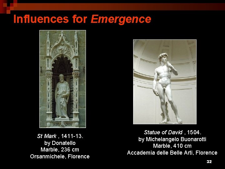 Influences for Emergence St Mark , 1411 -13. by Donatello Marble, 236 cm Orsanmichele,