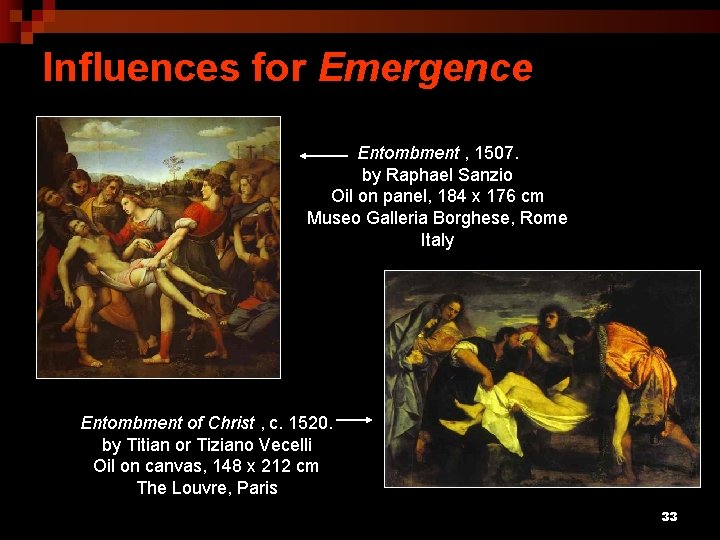 Influences for Emergence Entombment , 1507. by Raphael Sanzio Oil on panel, 184 x