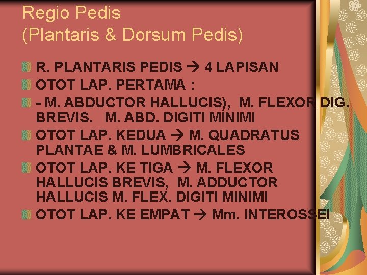 Regio Pedis (Plantaris & Dorsum Pedis) R. PLANTARIS PEDIS 4 LAPISAN OTOT LAP. PERTAMA Regio Pedis (Plantaris & Dorsum Pedis) R. PLANTARIS PEDIS 4 LAPISAN OTOT LAP. PERTAMA