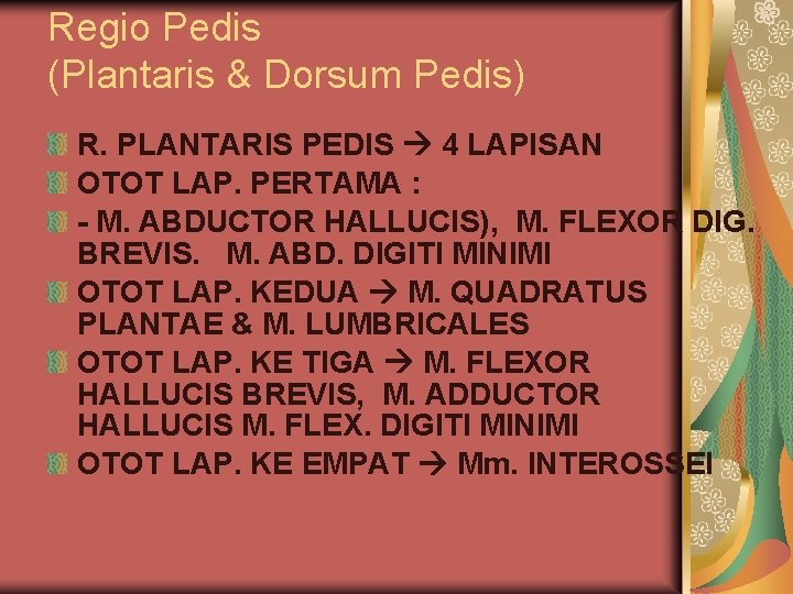 Regio Pedis (Plantaris & Dorsum Pedis) R. PLANTARIS PEDIS 4 LAPISAN OTOT LAP. PERTAMA