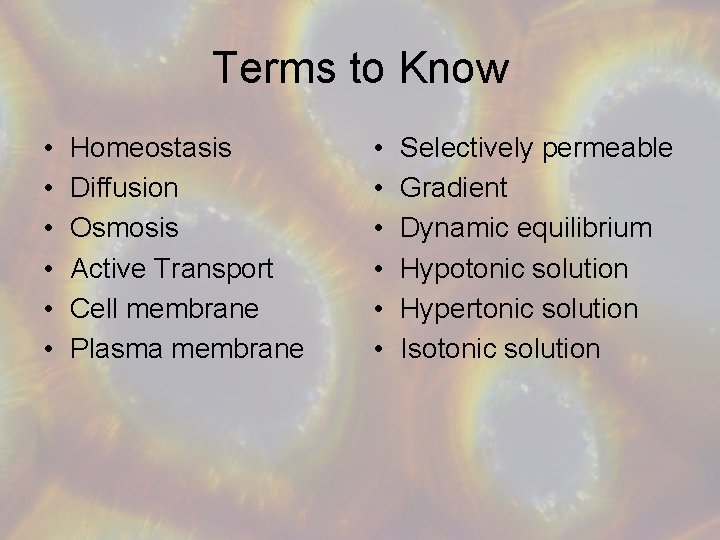 Terms to Know • • • Homeostasis Diffusion Osmosis Active Transport Cell membrane Plasma