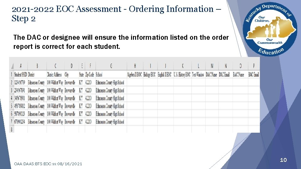2021 -2022 EOC Assessment - Ordering Information – Step 2 The DAC or designee