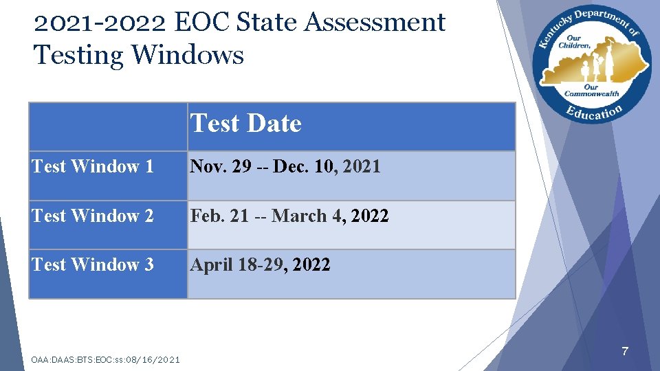 2021 -2022 EOC State Assessment Testing Windows Test Date Test Window 1 Nov. 29