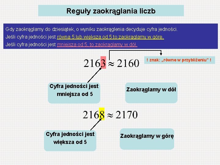 Reguły zaokrąglania liczb Gdy zaokrąglamy do dziesiątek, o wyniku zaokrąglenia decyduje cyfra jedności. Jeśli