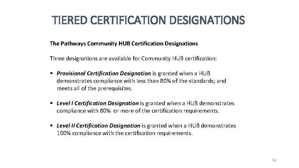 TIERED CERTIFICATION DESIGNATIONS The Pathways Community HUB Certification Designations Three designations are available for