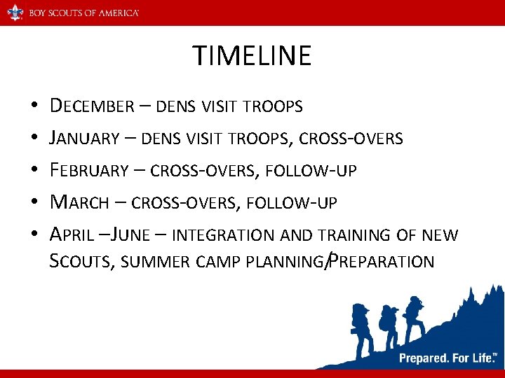 TIMELINE • • • DECEMBER – DENS VISIT TROOPS JANUARY – DENS VISIT TROOPS,