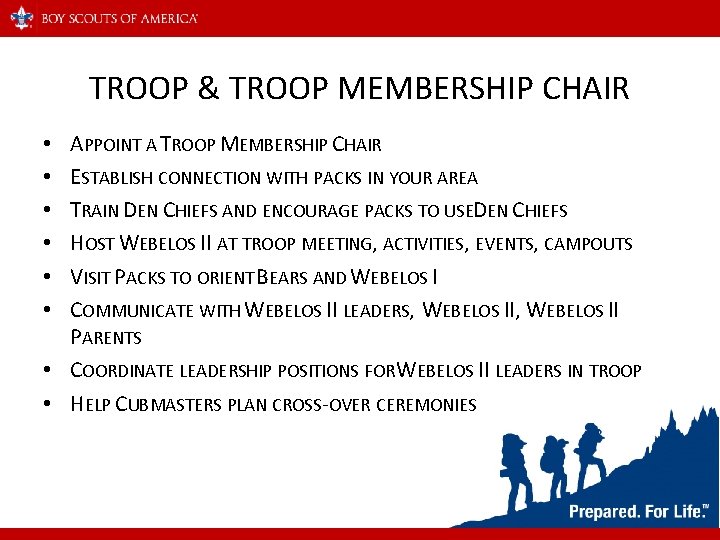 TROOP & TROOP MEMBERSHIP CHAIR APPOINT A TROOP MEMBERSHIP CHAIR ESTABLISH CONNECTION WITH PACKS