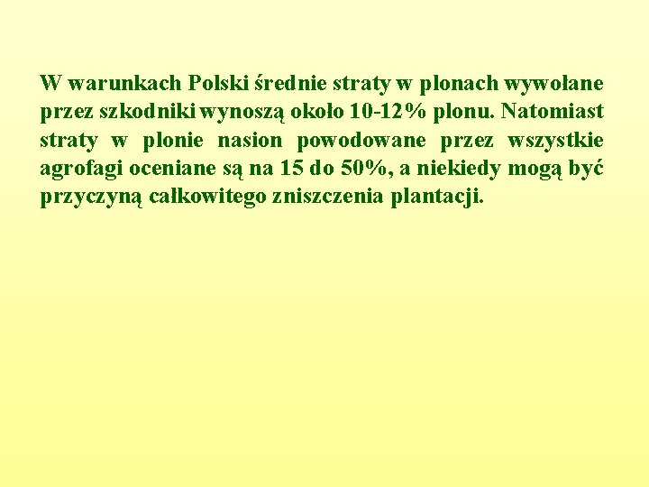 W warunkach Polski średnie straty w plonach wywołane przez szkodniki wynoszą około 10 -12%
