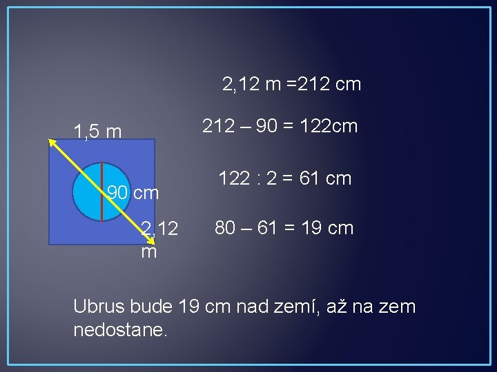 2, 12 m =212 cm 212 – 90 = 122 cm 1, 5 m