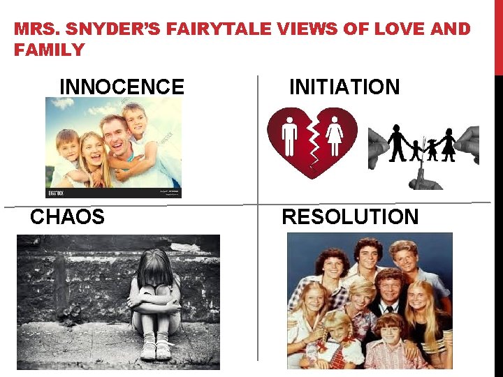 MRS. SNYDER’S FAIRYTALE VIEWS OF LOVE AND FAMILY INNOCENCE CHAOS INITIATION RESOLUTION 