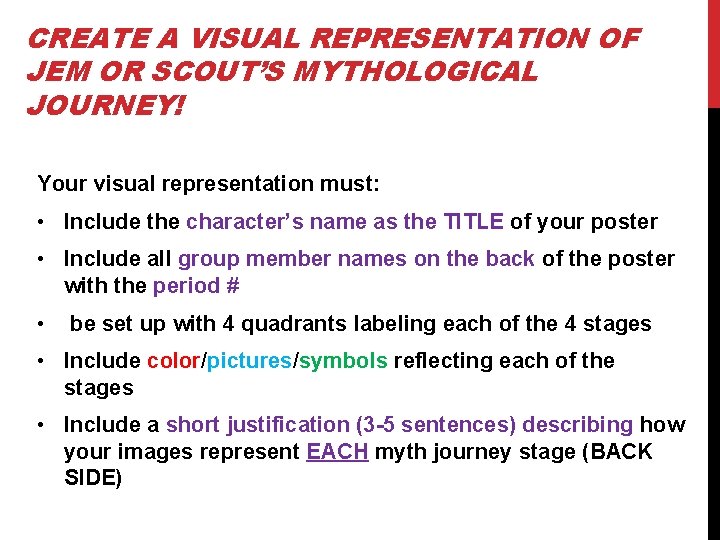 CREATE A VISUAL REPRESENTATION OF JEM OR SCOUT’S MYTHOLOGICAL JOURNEY! Your visual representation must: