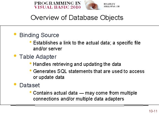 Overview of Database Objects • • • Binding Source • Establishes a link to Overview of Database Objects • • • Binding Source • Establishes a link to