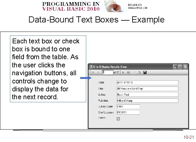 Data-Bound Text Boxes — Example Each text box or check box is bound to Data-Bound Text Boxes — Example Each text box or check box is bound to