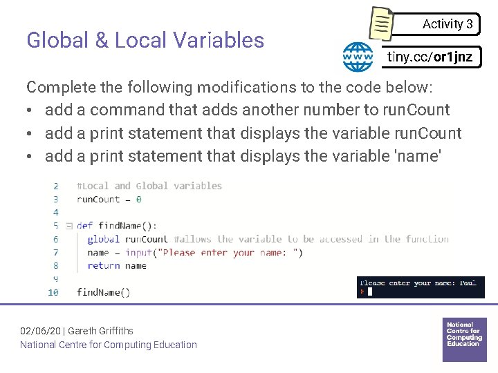 Global & Local Variables Activity 3 tiny. cc/or 1 jnz Complete the following modifications Global & Local Variables Activity 3 tiny. cc/or 1 jnz Complete the following modifications