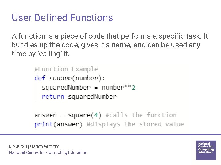 User Defined Functions A function is a piece of code that performs a specific User Defined Functions A function is a piece of code that performs a specific