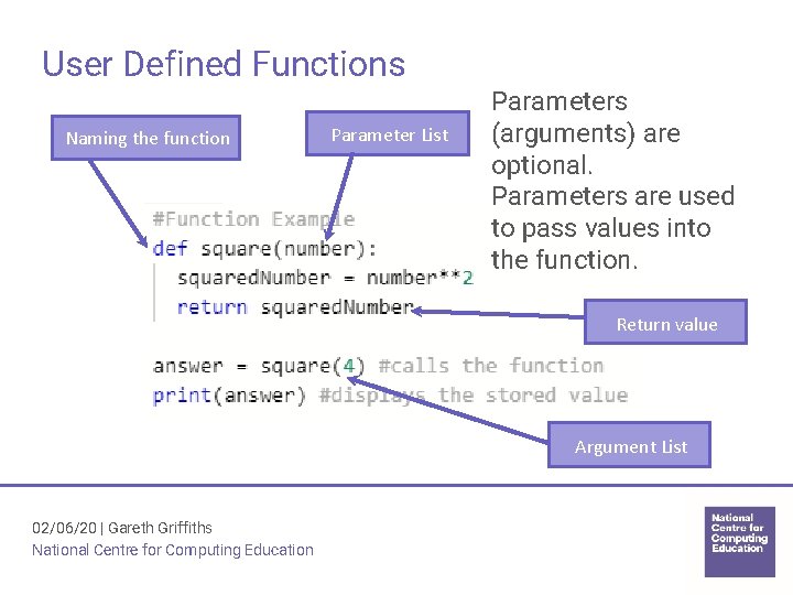 User Defined Functions Naming the function Parameter List Parameters (arguments) are optional. Parameters are User Defined Functions Naming the function Parameter List Parameters (arguments) are optional. Parameters are