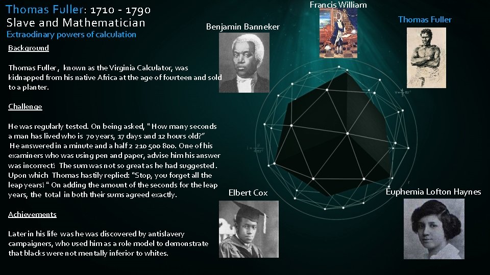 Thomas Fuller: 1710 - 1790 Slave and Mathematician Extraodinary powers of calculation Francis William