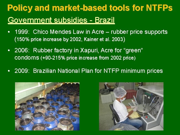 Policy and market-based tools for NTFPs Government subsidies - Brazil • 1999: Chico Mendes