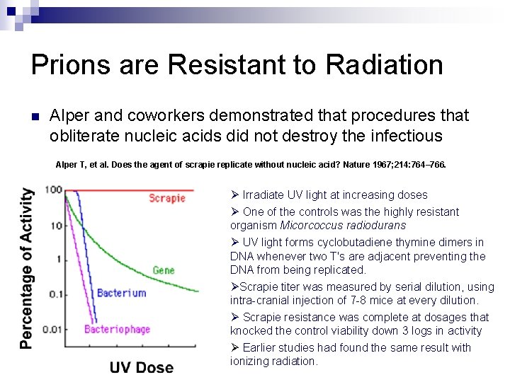 Prions are Resistant to Radiation n Alper and coworkers demonstrated that procedures that obliterate