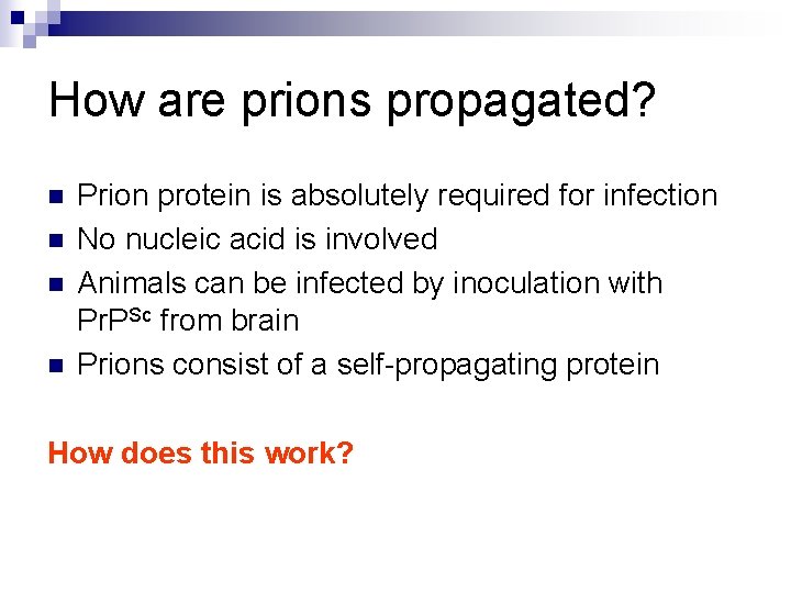 How are prions propagated? n n Prion protein is absolutely required for infection No