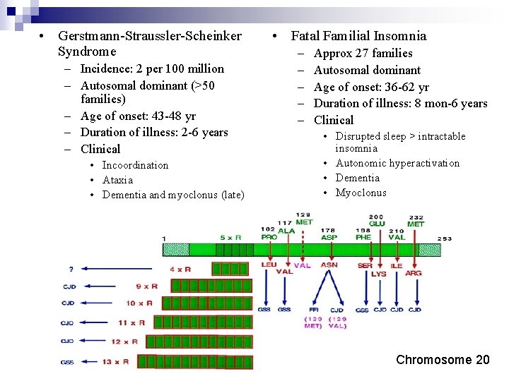  • Gerstmann-Straussler-Scheinker Syndrome – Incidence: 2 per 100 million – Autosomal dominant (>50