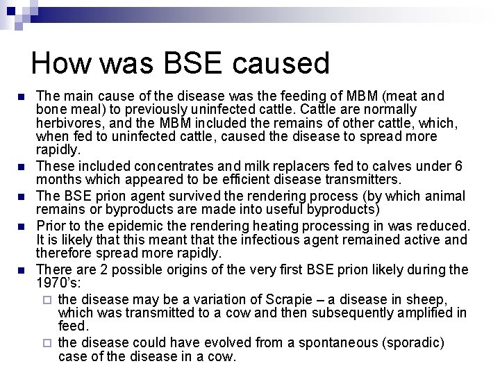 How was BSE caused n n n The main cause of the disease was
