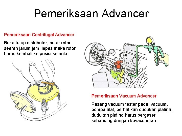 Pemeriksaan Advancer Pemeriksaan Centrifugal Advancer Buka tutup distributor, putar rotor searah jarum jam, lepas