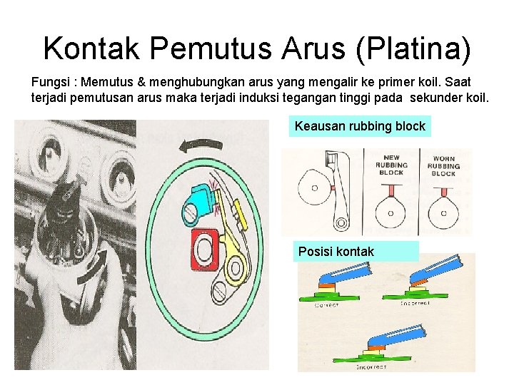 Kontak Pemutus Arus (Platina) Fungsi : Memutus & menghubungkan arus yang mengalir ke primer