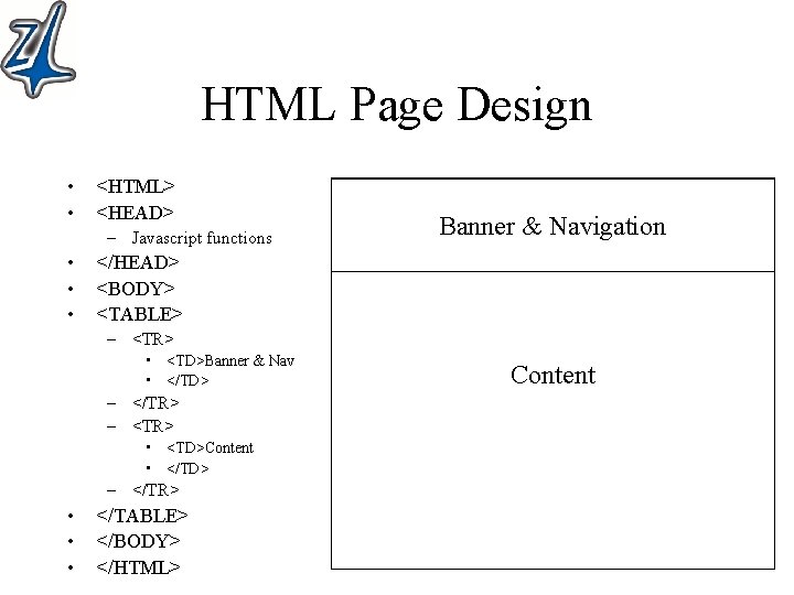 HTML Page Design • • <HTML> <HEAD> – Javascript functions • • • Banner