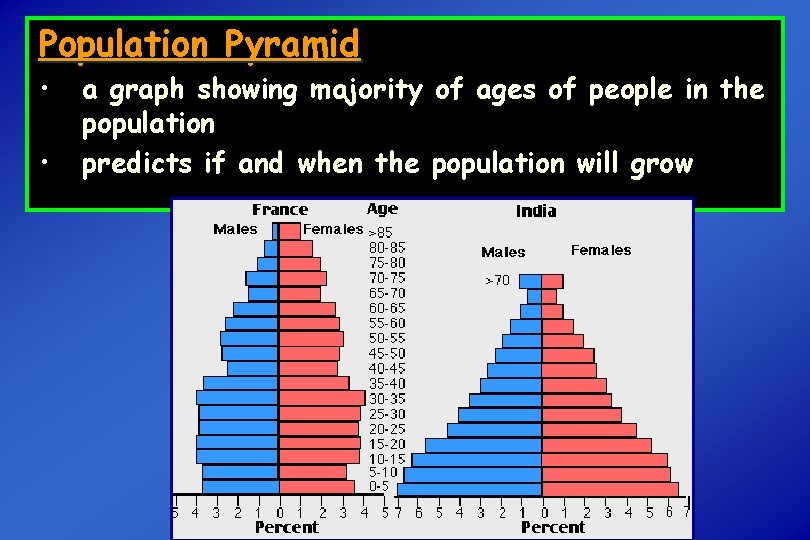 Population Pyramid • • a graph showing majority of ages of people in the