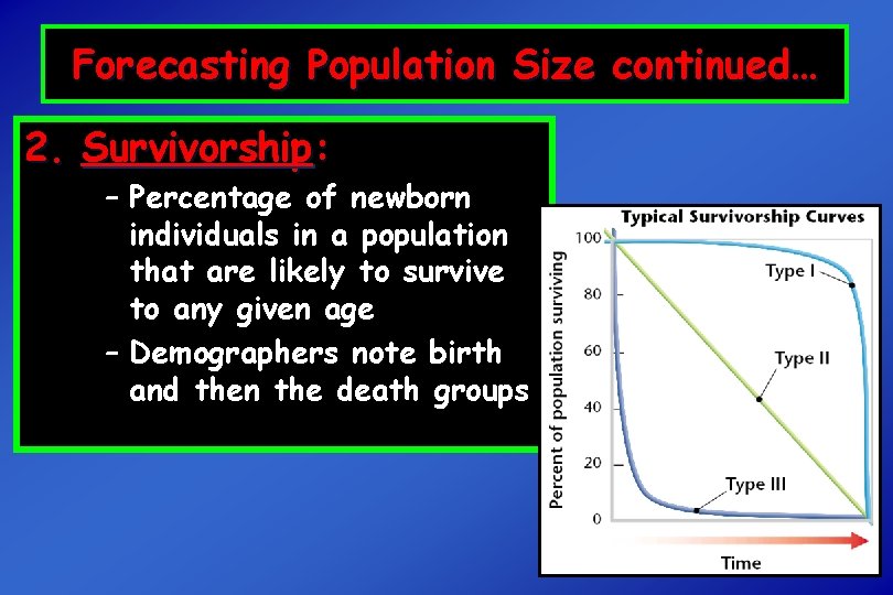 Forecasting Population Size continued… 2. Survivorship: – Percentage of newborn individuals in a population