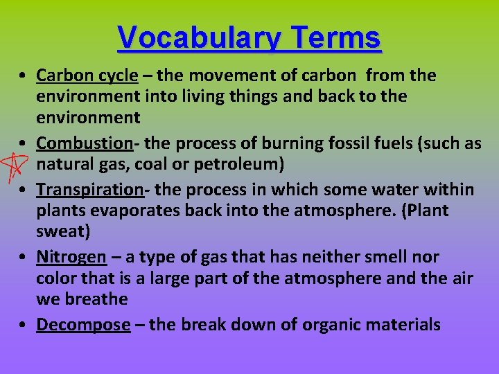 Vocabulary Terms • Carbon cycle – the movement of carbon from the environment into