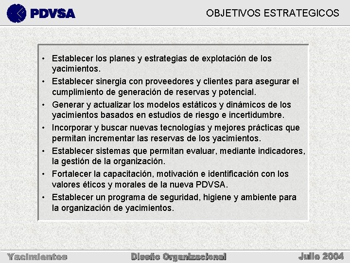 OBJETIVOS ESTRATEGICOS • Establecer los planes y estrategias de explotación de los yacimientos. •