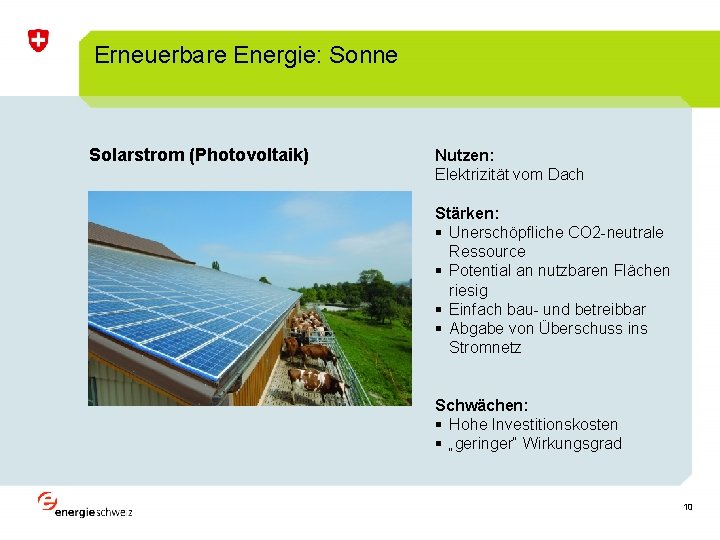 Erneuerbare Energie: Sonne Solarstrom (Photovoltaik) Nutzen: Elektrizität vom Dach Stärken: § Unerschöpfliche CO 2