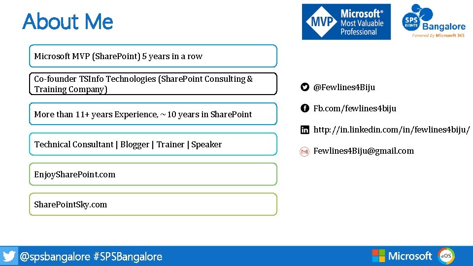 About Me Microsoft MVP (Share. Point) 5 years in a row Co-founder TSInfo Technologies